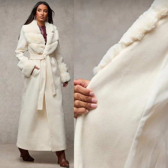 Luxury faux fur trimmed long coat fur jacket fur cuff fur collar vintage pink - Picture 2 of 8